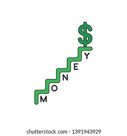 Vector icon concept of money word in green stairs and dollar symbol at top of stairs. 
