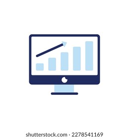 vector icon concept of monitor screen with barchart and arrow up for growth. Can be used for business, economics, finance. Can be applied to web, website, poster, mobile apps