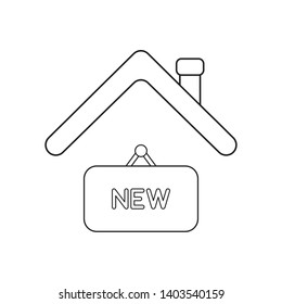 Vector icon concept of new hanging sign under roof. Black outlines.