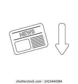 Vector icon concept of newspaper with arrow down. Black outlines, white background.