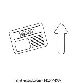 Vector icon concept of newspaper with arrow up. Black outlines, white background.