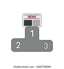 Vector icon concept of newspaper on first place of winners podium. Black outlines and colored.