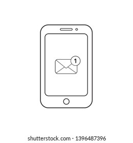 Vector icon concept of one message envelope inside smartphone. Black outlines.