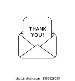 Vector icon concept of open envelope mail or message with thank you written on paper. Black outlines.