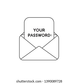 Vector icon concept of open envelope with your password written on paper. Black outlines.