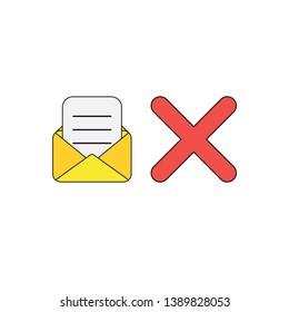 Vector icon concept of open yellow envelope with written paper and red x mark. 
