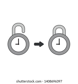 Vector icon concept of opened and closed clock padlocks. Black outlines and colored.