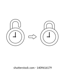 Vector icon concept of opened, closed clock padlocks. Black outlines.