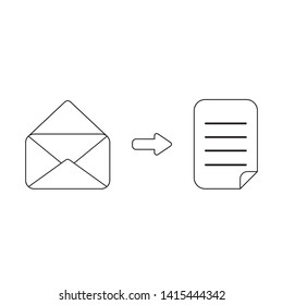 Vector icon concept of opened envelope with written paper. Black outlines, white background.