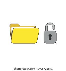 Vector icon concept of opened file folder with padlock. Black outlines and colored.