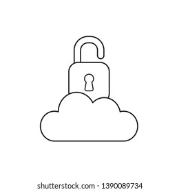 Vector icon concept of opened padlock on cloud. Black outlines.