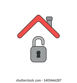 Vector icon concept of opened padlock under house roof. Black outlines and colored.