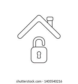 Vector icon concept of opened padlock under roof. Black outlines.