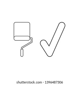 Vector icon concept of paint roller brush with check mark. Black outlines.