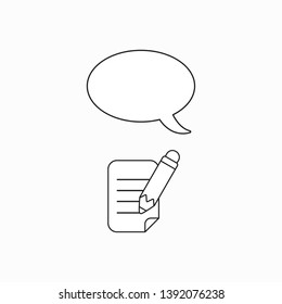 Vector icon concept of pencil writing on paper with blank speech bubble. Black outlines.
