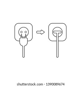 Vector icon concept of plug and outlet, plugged into outlet. Black outlines.