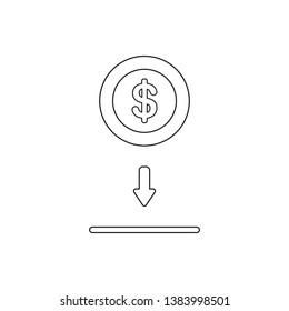 Vector icon concept of putting and saving dollar coin money into the moneybox hole. Black outlines.