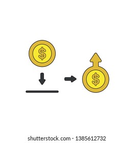 Vector icon concept of putting and saving dollar money coin into moneybox and increase of money with arrow moving up on coin. Black outlines and colored.