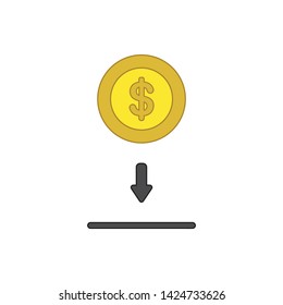 Vector icon concept of putting and saving dollar coin into moneybox hole. Colored outlines.