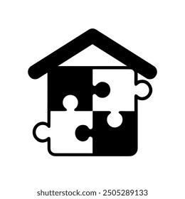 Vector icon concept of puzzle piece under house roof. Black outlines.