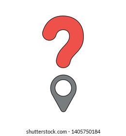 Vector icon concept of question mark with map pointer. Black outlines and colored.