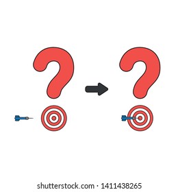 Vector icon concept of question mark with bulls eye and dart in the center. Black outlines and colored.