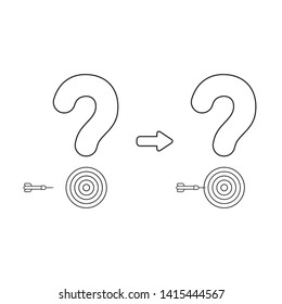 Vector icon concept of question mark bulls eye and dart miss the target. Black outlines, white background.
