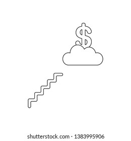 Vector icon concept of reach dollar with stairs on cloud. Black outlines.
