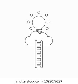 Vector icon concept of reach glowing light bulb on cloud with wooden ladder. Black outlines.
