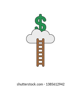 Vector icon concept of reach green dollar symbol on cloud with wooden ladder. Black outlines and colored.