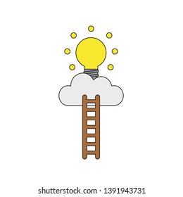 Vector icon concept of reach yellow glowing light bulb on cloud with wooden ladder.
