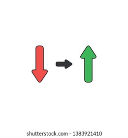 Vector icon concept of red arrow pointing down and green arrow pointing up. Black outlines and colored.