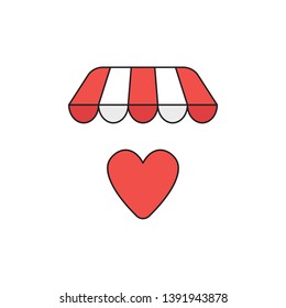 Vector icon concept of red heart under red and white store awning. 