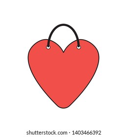 Vector icon concept of red heart-shaped shopping bag. Black outlines and colored.