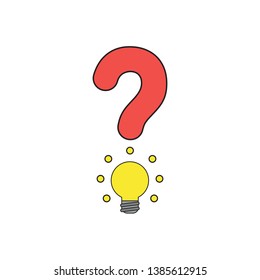 Vector icon concept of red question mark with yellow glowing light bulb. Black outlines and colored.