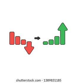 Vector icon concept of red sales bar chart with arrow moving down and green sales bar chart with arrow moving up. 