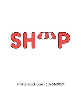 Vector icon concept of red shop word with awning. Black outlines and colored.