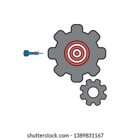 Vector icon concept of red and white bulls eye inside grey gear with blue dart. 