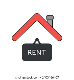 Vector icon concept of rent hanging sign under house roof. Black outlines and colored.