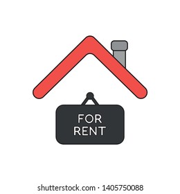 Vector icon concept of for rent hanging sign under house roof. Black outlines and colored.