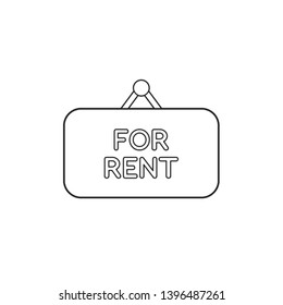 Vector icon concept of for rent written on hanging sign. Black outlines.