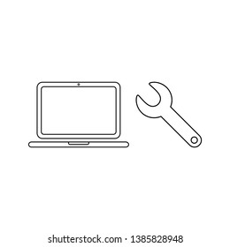 Vector icon concept of repair laptop computer with spanner. Black outlines.