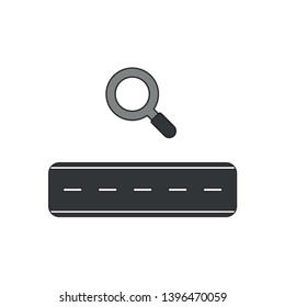 Vector icon concept of road with magnifying glass. Black outlines and colored.