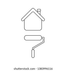 Vector icon concept of roller paint brush painting house. Black outlines.