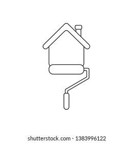 Vector icon concept of roller paint brush painting house. Black outlines.