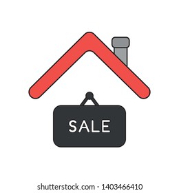 Vector icon concept of sale hanging sign under house roof. Black outlines and colored.