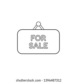 Vector icon concept of for sale written on hanging sign. Black outlines.