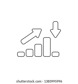 Vector icon concept of sales bar chart moving up then moving down with arrows pointing up and down. Black outlines.