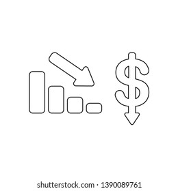 Vector icon concept of sales bar chart with arrow moving down and dollar money with arrow moving down. Black outlines.