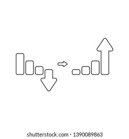 Vector icon concept of sales bar chart with arrow moving down and sales bar chart with arrow moving up. Black outlines.